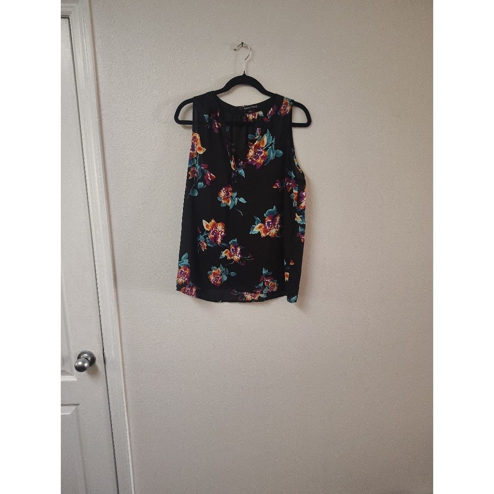 Sweet Rain Womens Black Floral Sleeveless Blouse Split Neck Tank Top Large